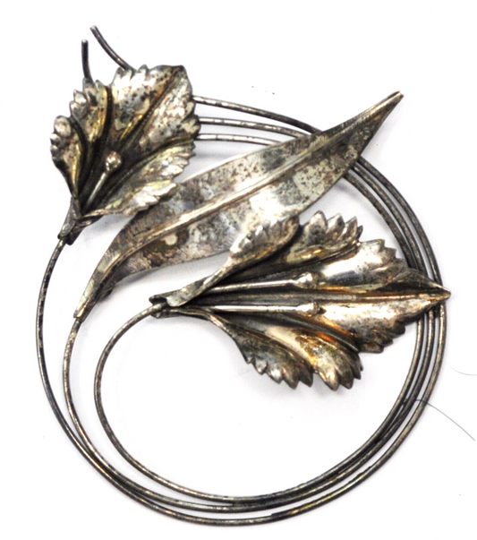 Sterling Silver Floral Garden Leaf Round Brooch Pin 3-3/8"