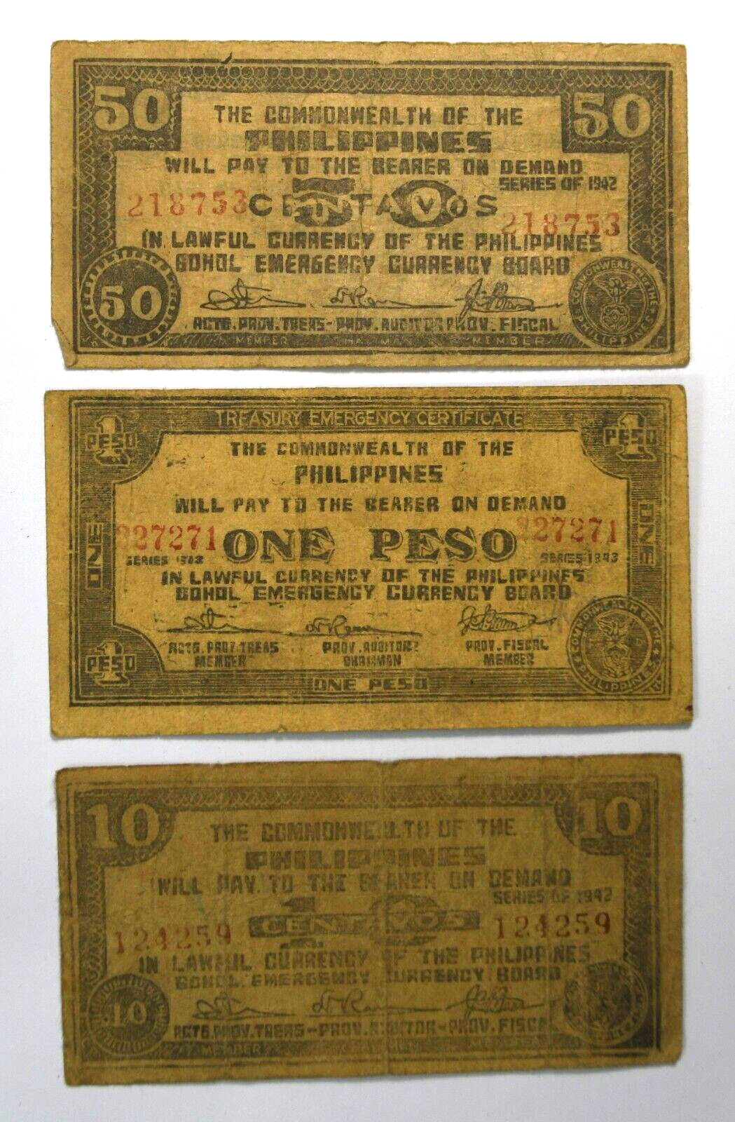 1942 & 1943 Philippines 50c One & Ten Peso Emergency Currency Certificate