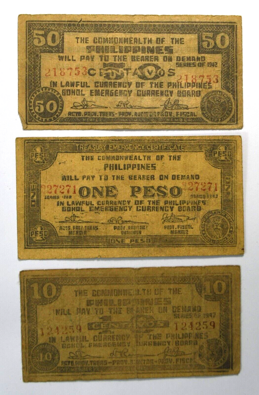 1942 & 1943 Philippines 50c One & Ten Peso Emergency Currency Certificate