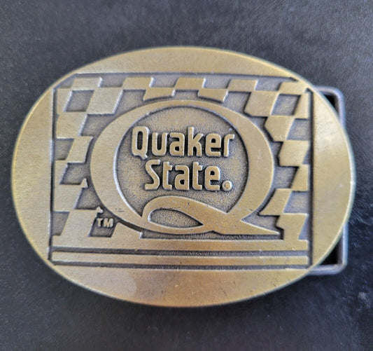 Vtg 1980's Quaker State Motor Oil Company Racing Car Truck Brass Belt Buckle