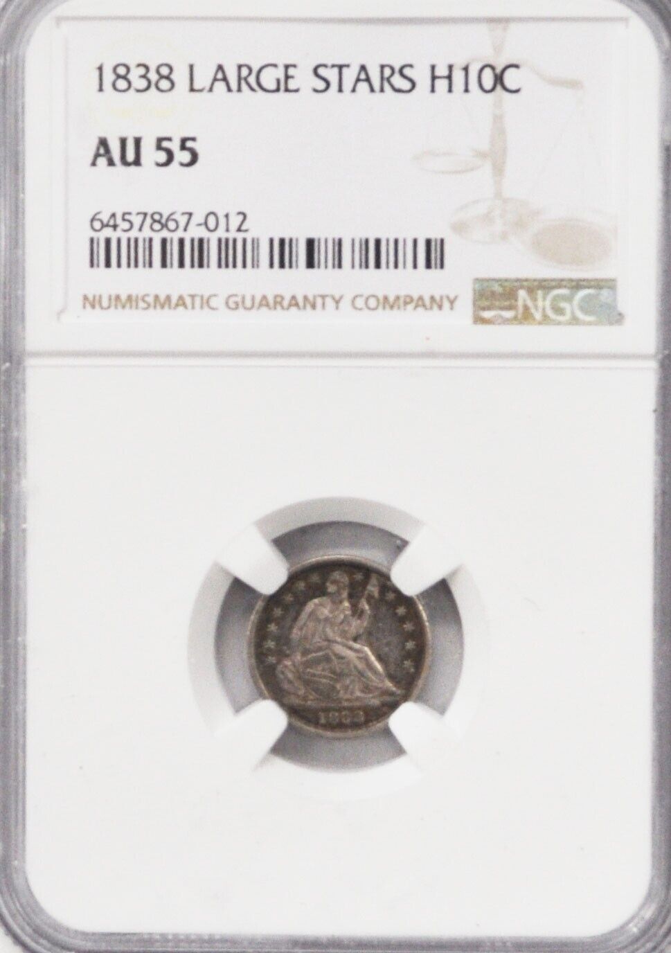 1838 H10c Seated Liberty Silver Half Dime Large Stars NGC AU55 Philadelphia