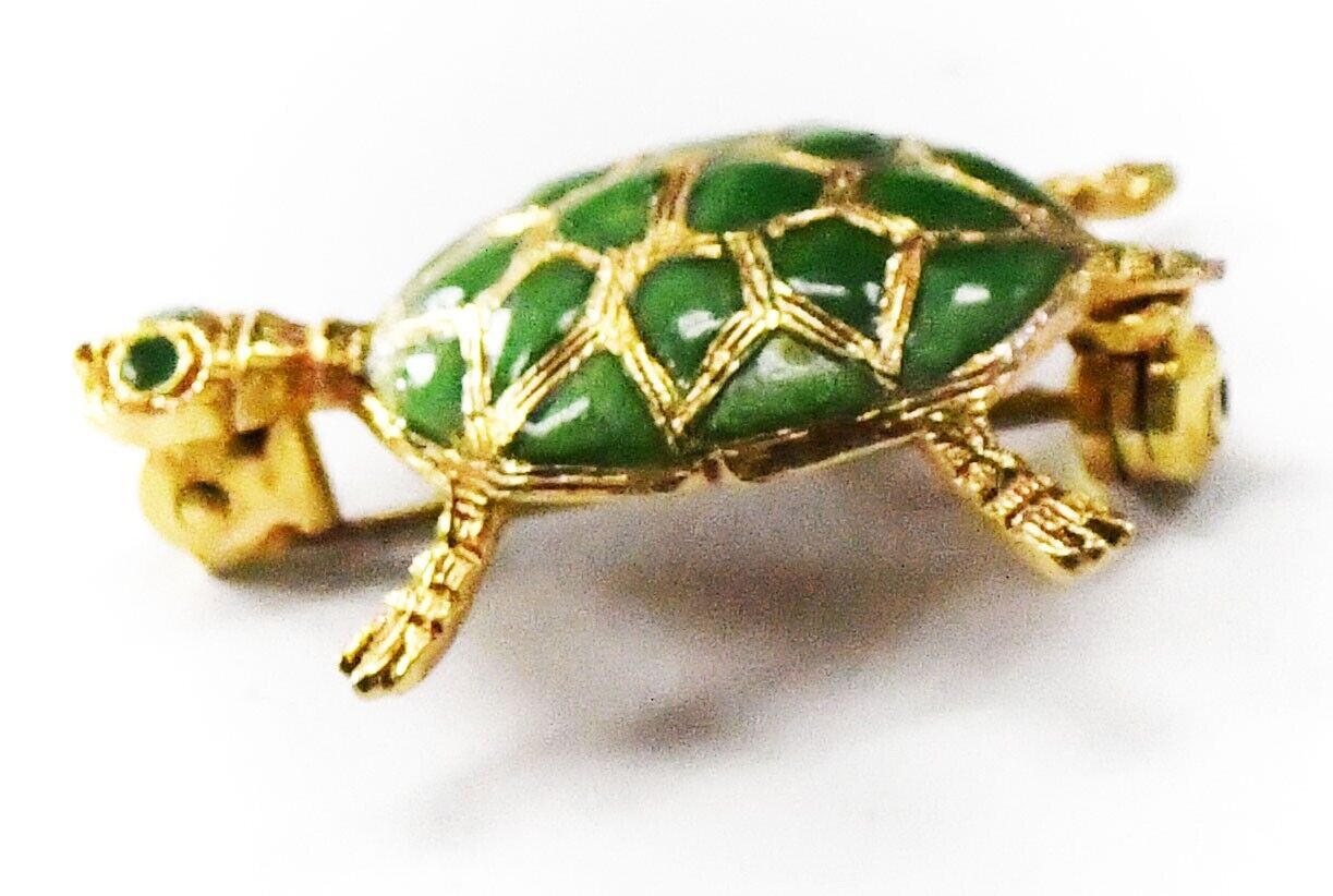 14k Yellow Gold Green Enamel Turtle Brooch Pin 25mm x 18mm