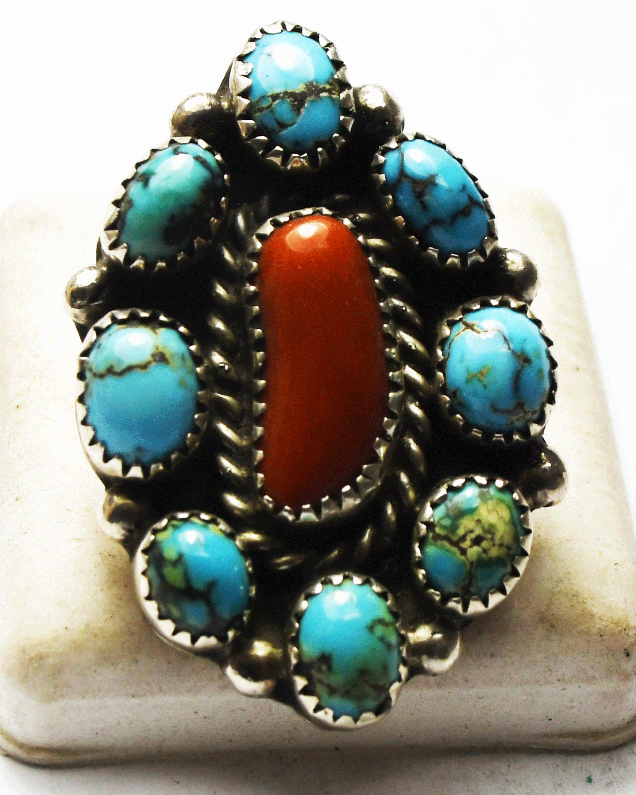 Sterling Mike Davis  Coral Turquoise Halo Cluster Ring 38mm Size 7