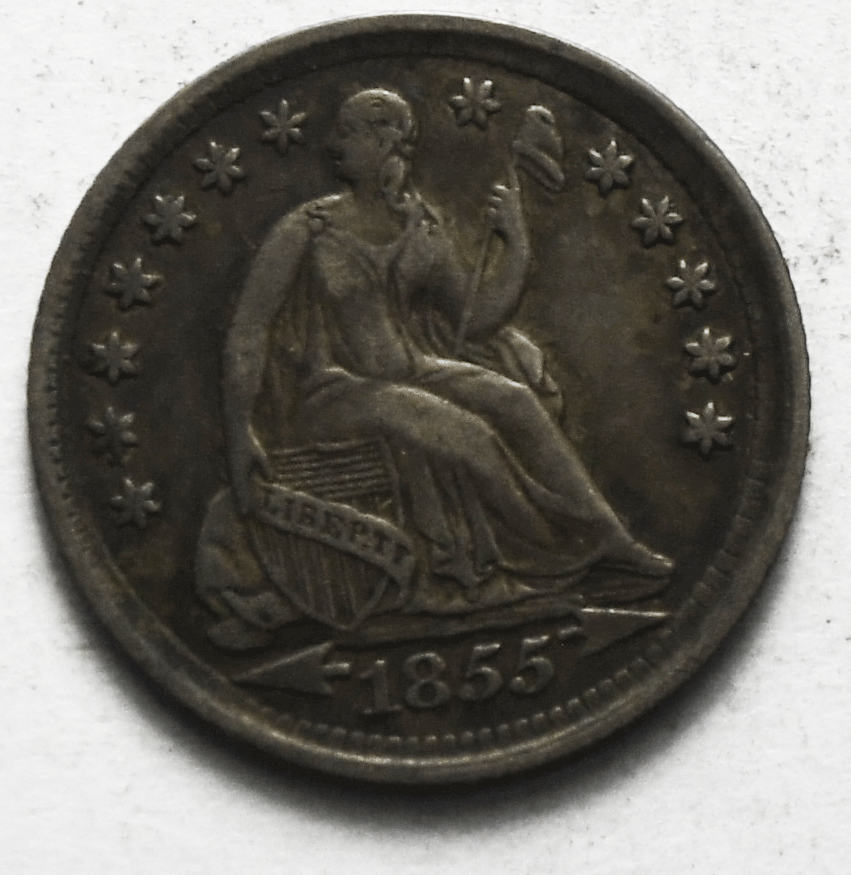 1855 H10c Seated Liberty Silver Half Dime Clashed E Die Crack Reverse