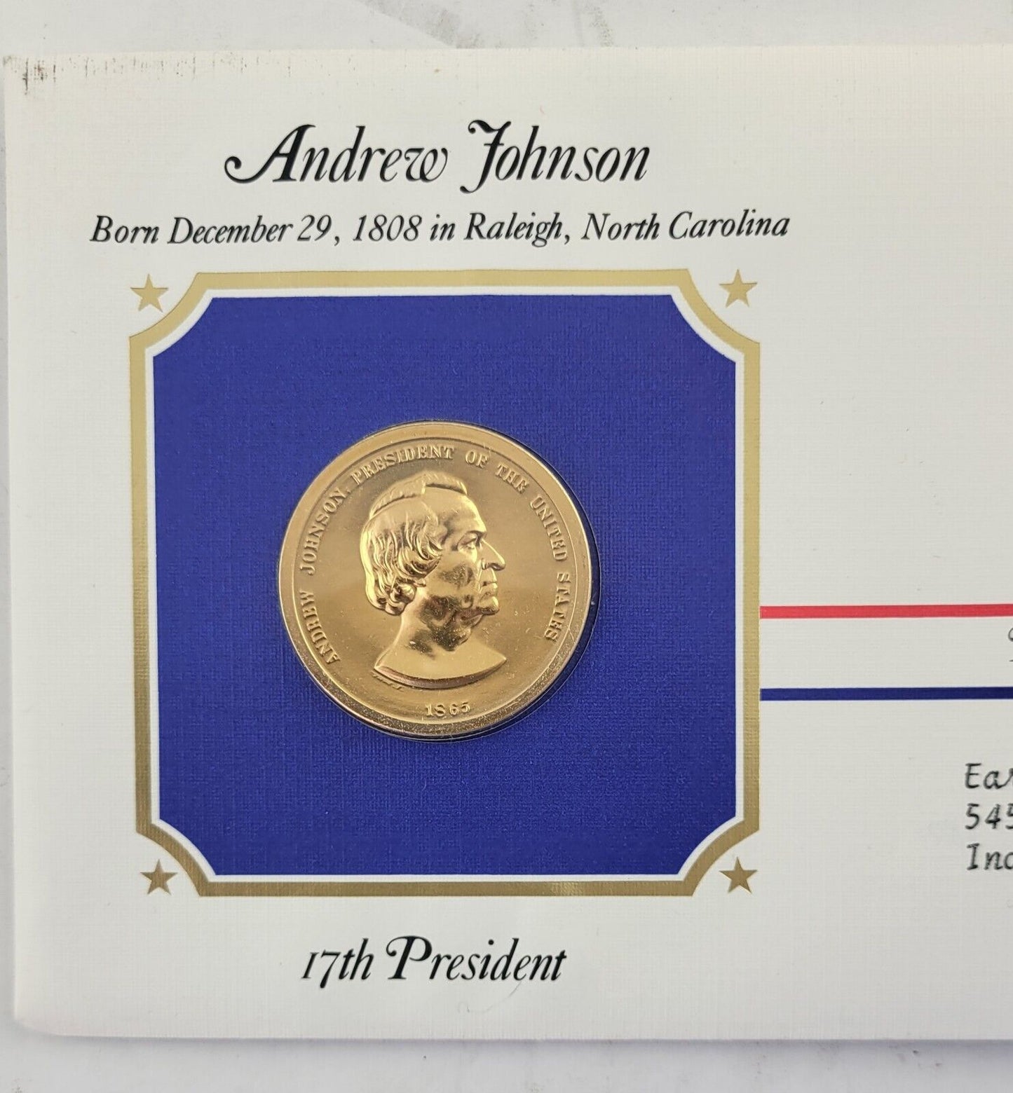 Andrew Johnson Presidential Covers Medal Postal Commemorative Society Gold Plate