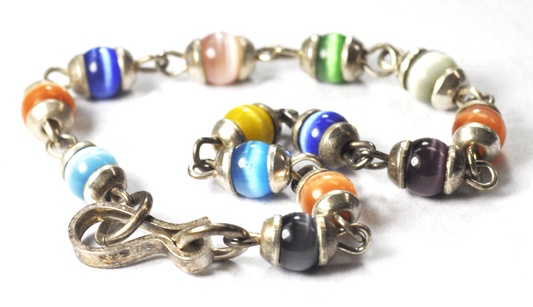 Sterling Silver Multi Color Round Cap End Capsule Link Bracelet 7mm 8" TR-134