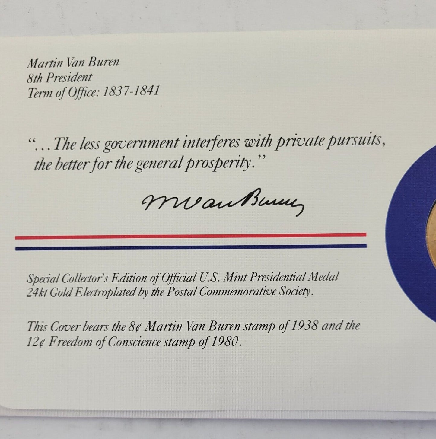 M Van Buren Presidential Covers Medal Postal Commemorative Society Gold Plated