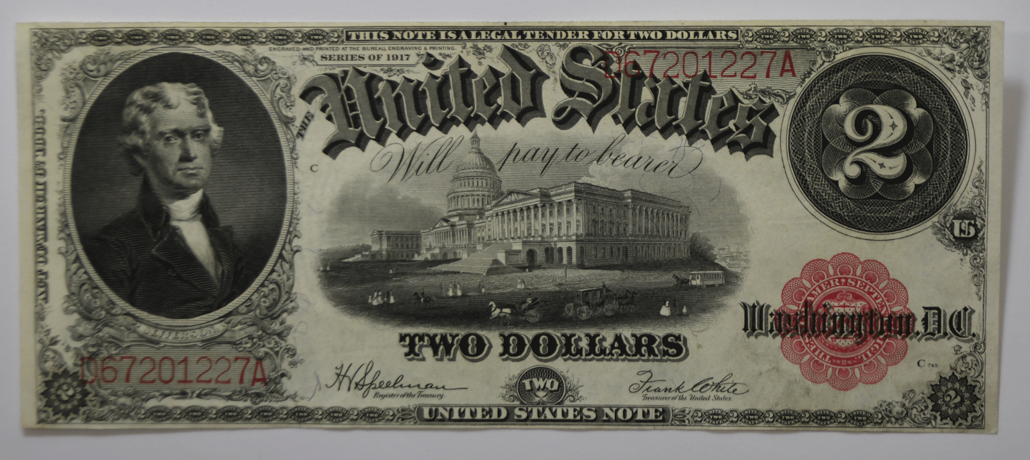 1917 $2 Two Dollars Note Legal Tender Jefferson Red Seal D67201227A  FR#60  AU