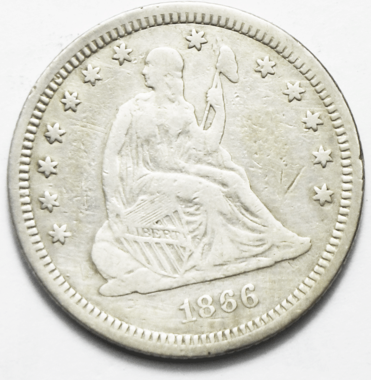 1866 Motto 25c Seated Liberty Silver Quarter Dollar Twenty Five Cents Rare VF