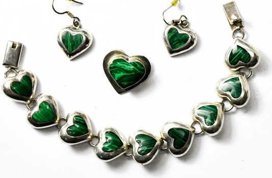 Sterling Silver Malachite Green Heart 18mm 7-1/2" Bracelet 23mm Clip & Earrings