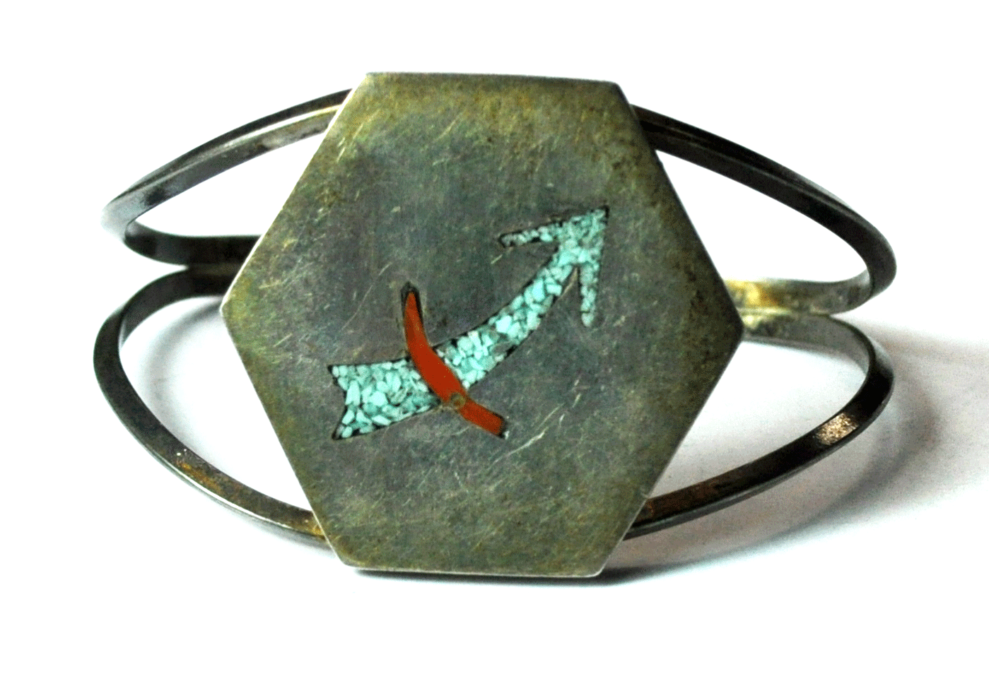 Sterling Silver Chip Inlay Turquoise Arrow Coral Hexagon 36mm 6-1/2" Wrist ZZ