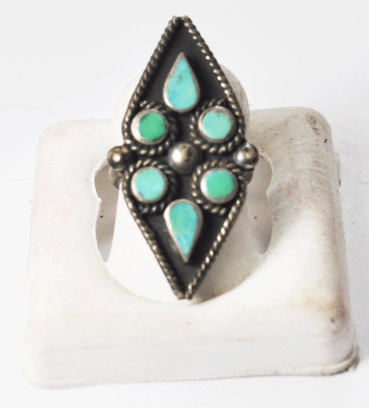 Antique Sterling Silver Turquoise Dot Cluster Triangular Ring 32mm Size 2
