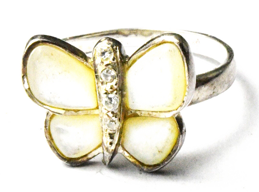 Sterling Silver MOP Wing CZ Butterfly  14mm Ring Size 9-1/4
