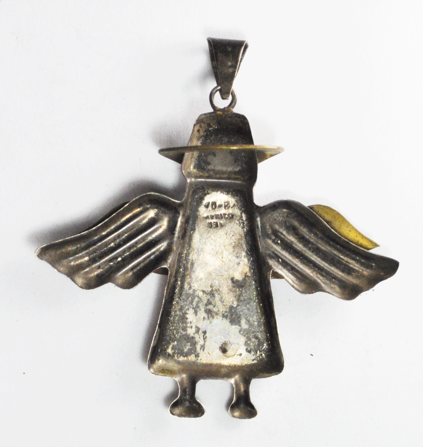 Sterling Mexico Angel Halo Wings Two Tone 3-1/8" x 3"  Pendant 6mm Bale