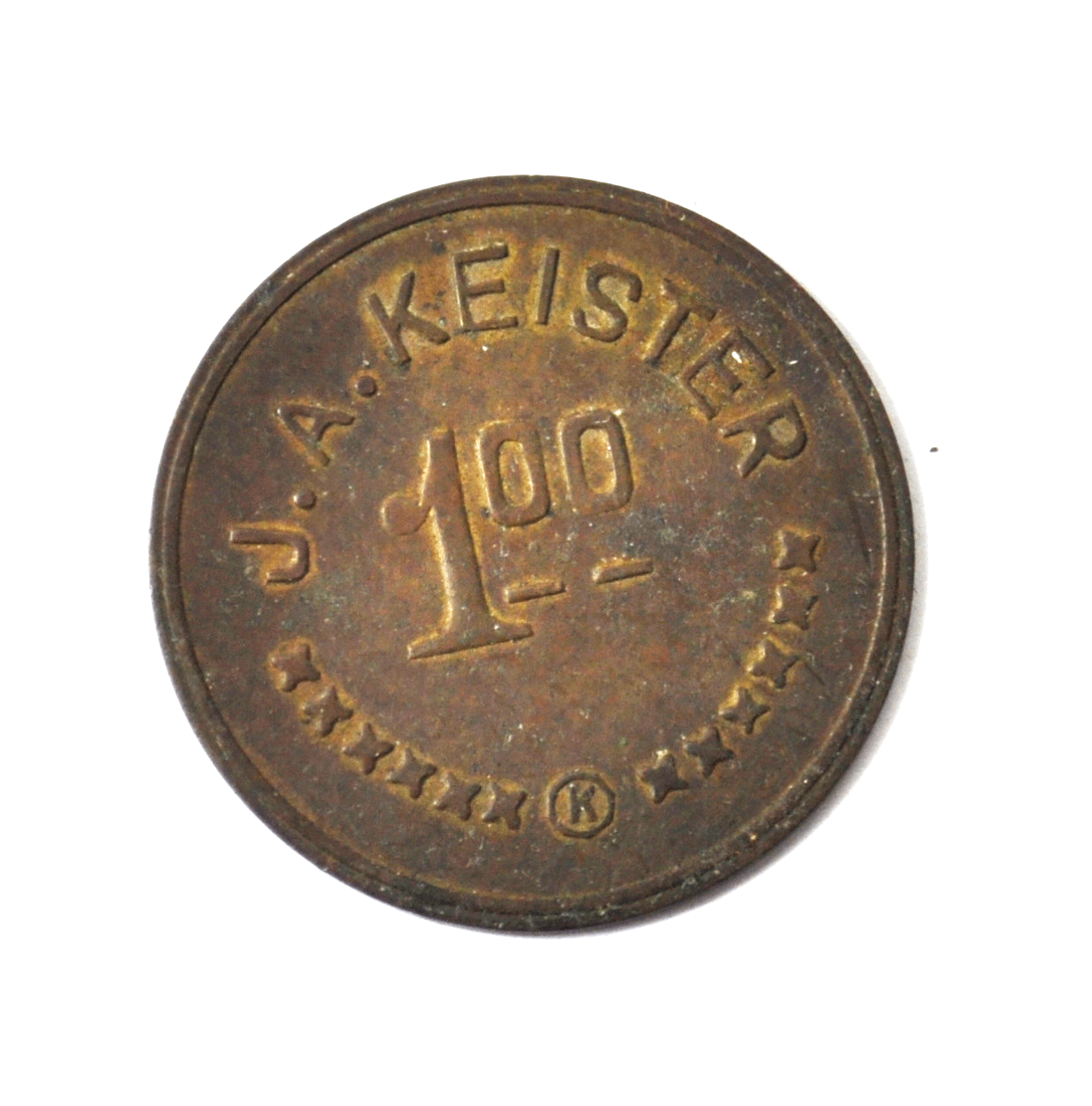 JA Keister $1 One Dollar Trade Token 35mm Bronze Pat Jun 1909 Ingle System
