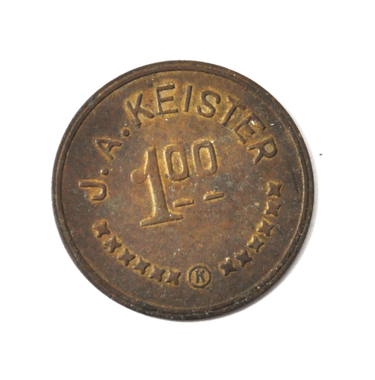 JA Keister $1 One Dollar Trade Token 35mm Bronze Pat Jun 1909 Ingle System