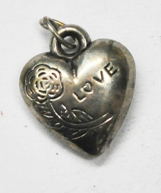 Sllver Plated  Love Flower Large Puffy Heart Charm 20mm x 19mm