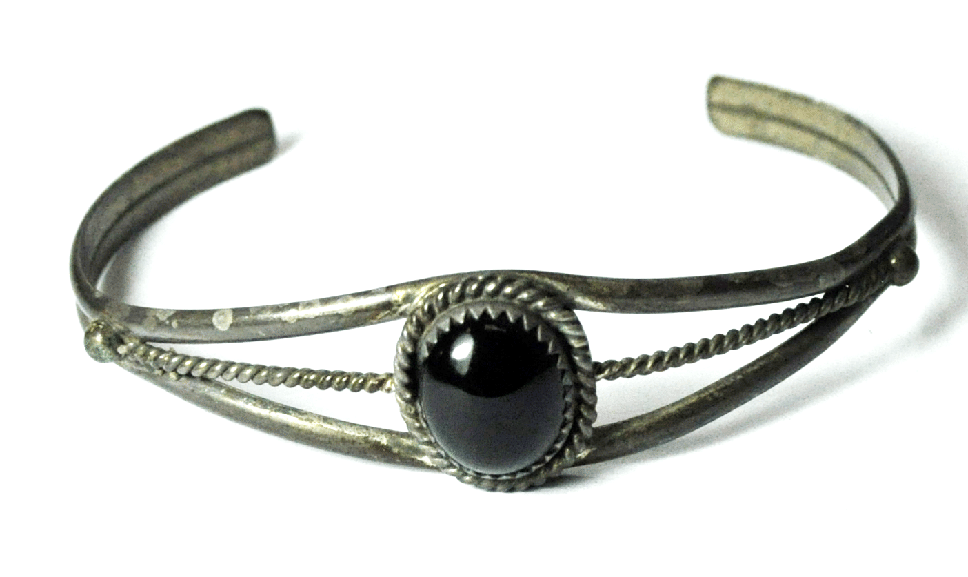Sterling Silver Antique Oval Onyx Split Cuff Twist Center Bracelet 16mm 7" Wrist