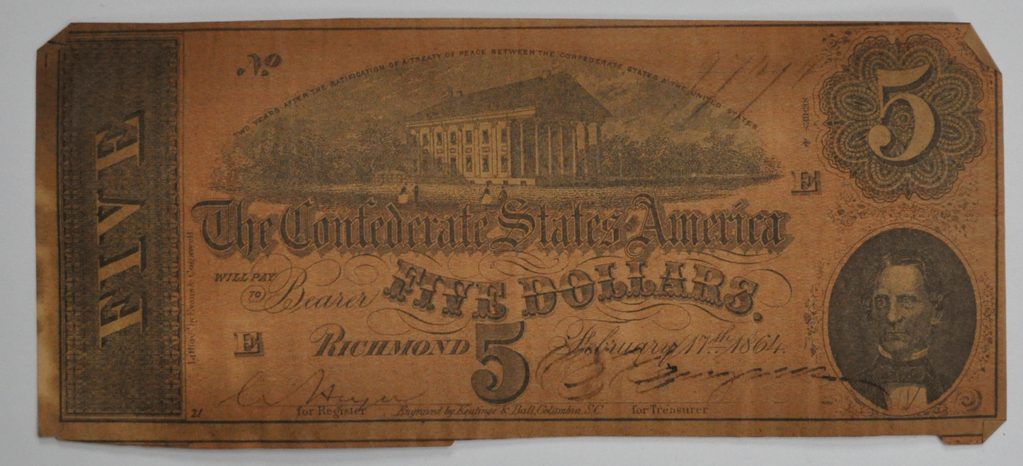 1864 $5 Confederate Note Currency Five Dollars CS-69 February 17th