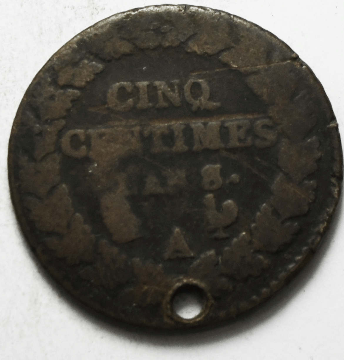 LAN 8/5 1799-1800 A France 5 Centimes KM# 640.1 Holed