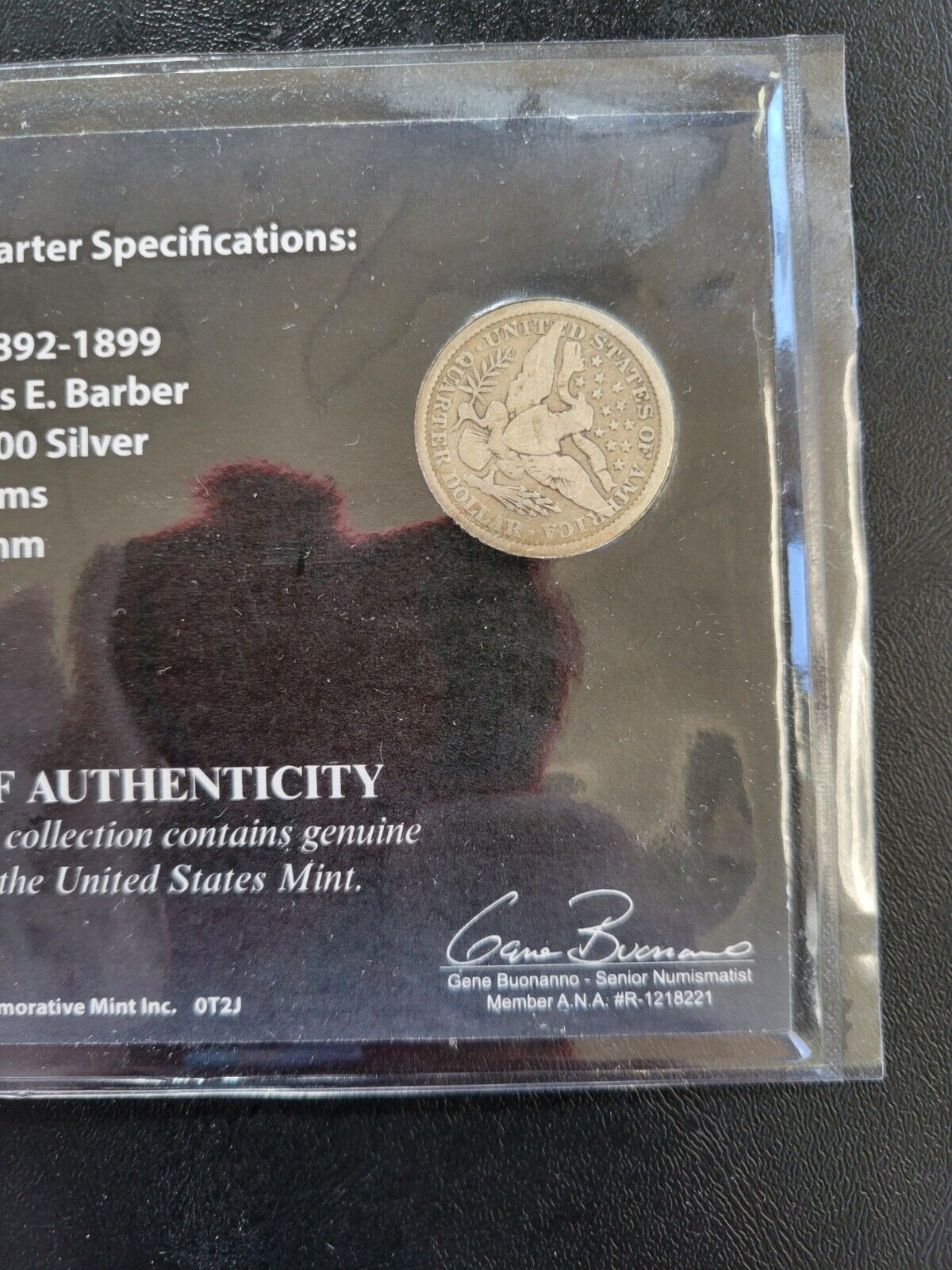 1898 Sealed Pre-1900 Barber Quarter from the First Commemorative Mint Inc.
