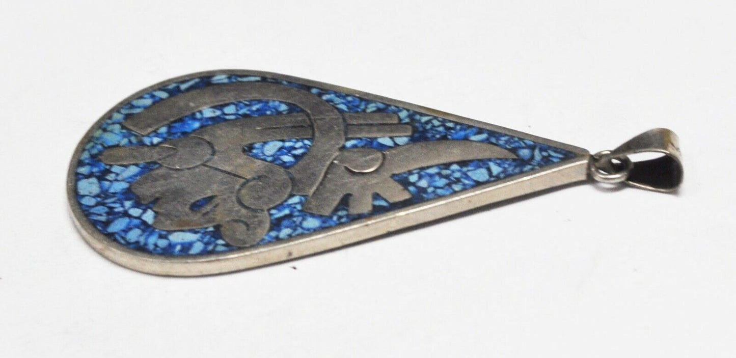 Silver Plated Green Blue Turquoise Chip Inlay Teardrop Mayan Mexico Pendant