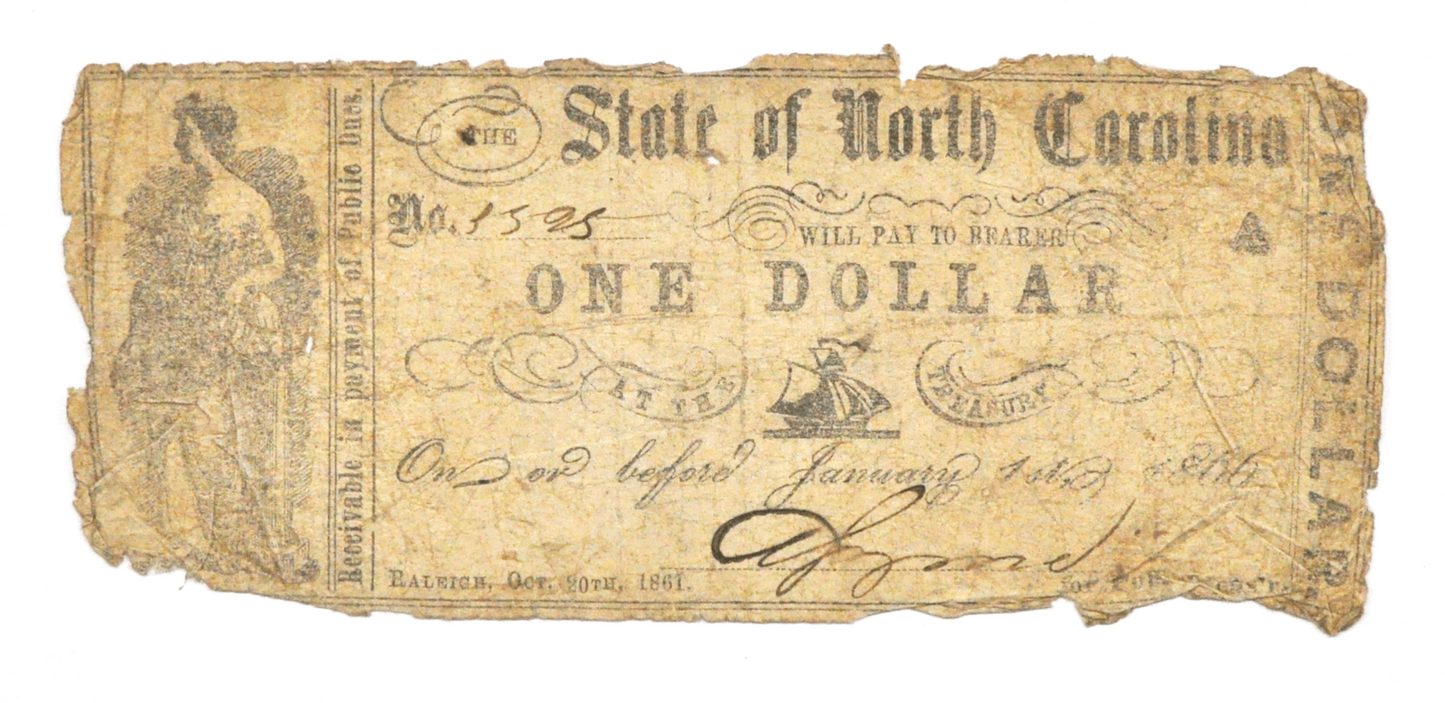 1864 $1 State of North Carolina Obsolete Note One Dollar