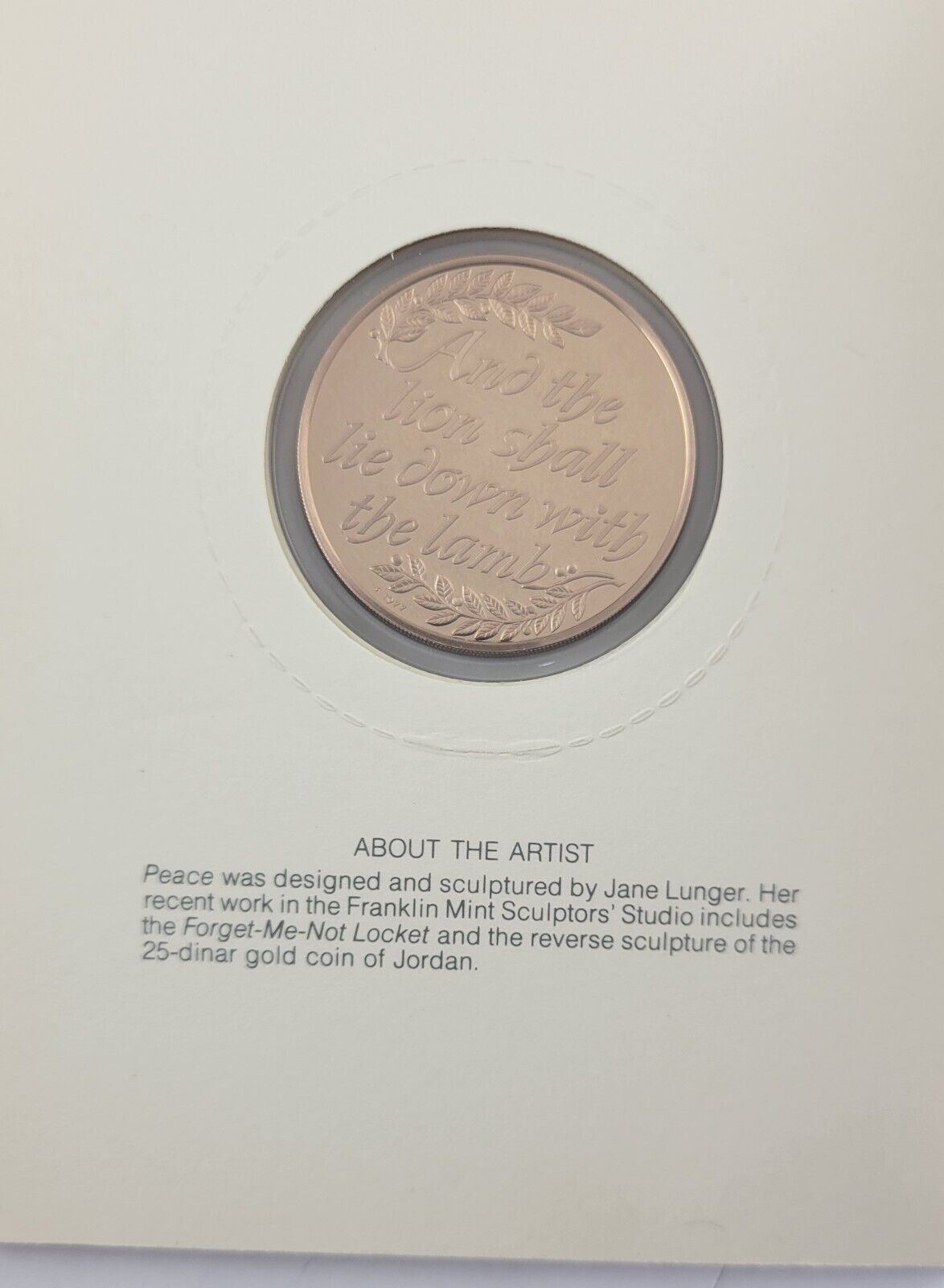 1977 Franklin Mint Bronze Holiday Greeting Card Medal Peace Lion Lamb Goodwill
