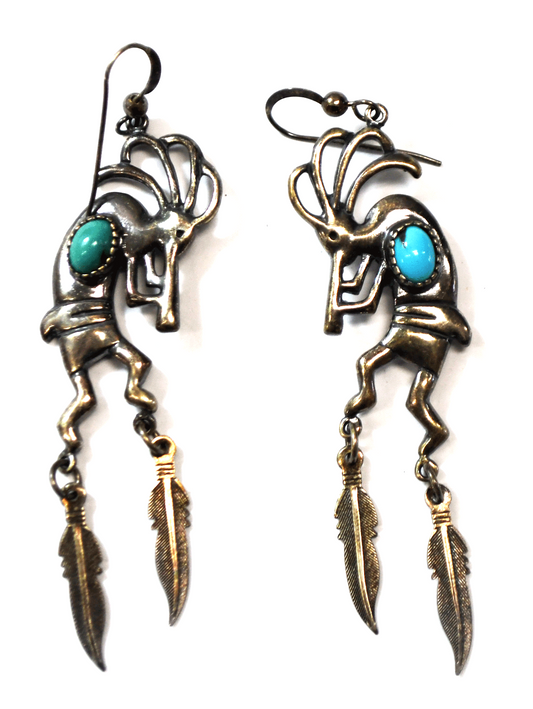 Sterling Silver Schubes Blue & Green Turquoise Kokopelli Earrings 3" Dangle
