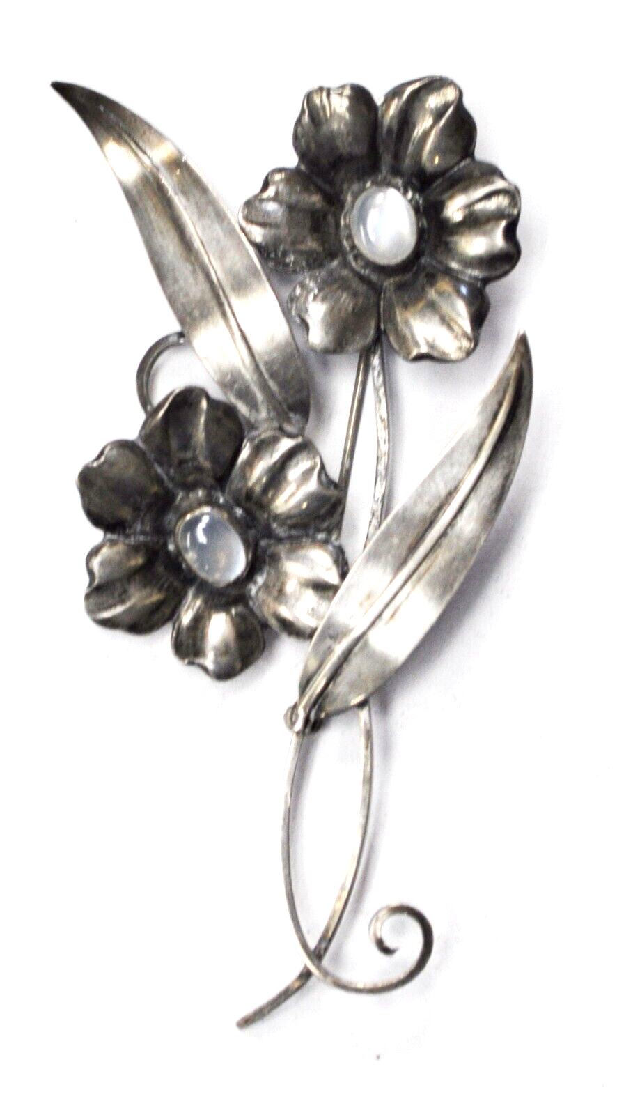 Sterling Silver Double Flower Leaf Quartz Vintage Brooch Pin 4-1/4" x 58mm