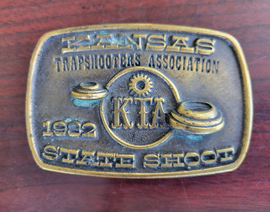 1982 Kansas Trapshooters Association State Shoot Solid Brass Belt Buckle USA