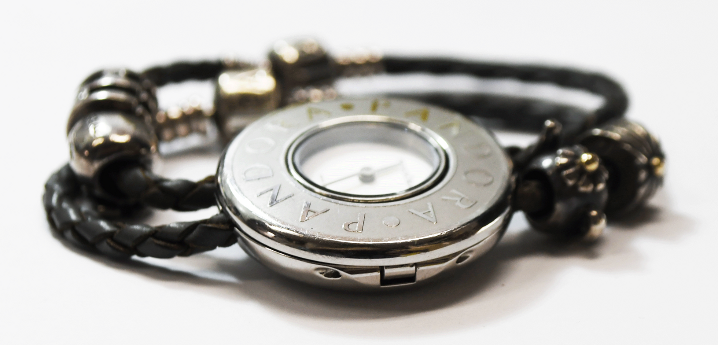 Pandora Embrace 811041LS 30mm Round Wristwatch Double Leather Bracelets 4 Charms