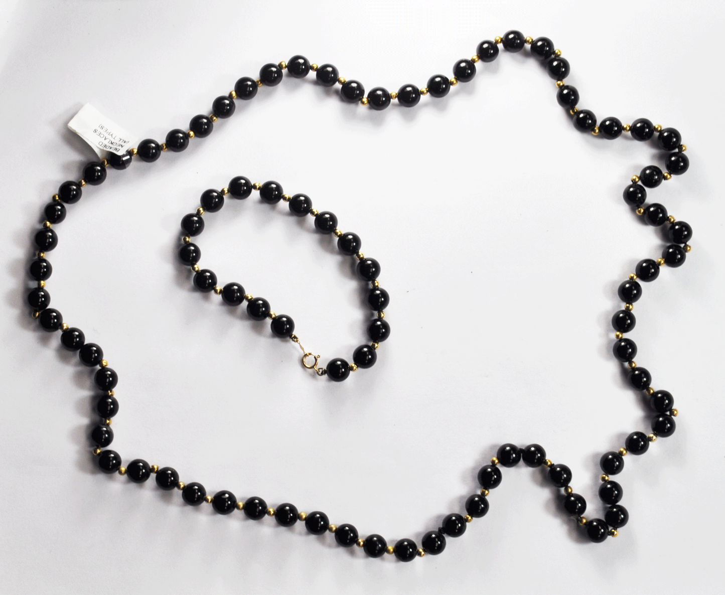 14k Gold & Black 8mm Onyx Bead 28" Necklace & 7-3/4" Bracelet Set