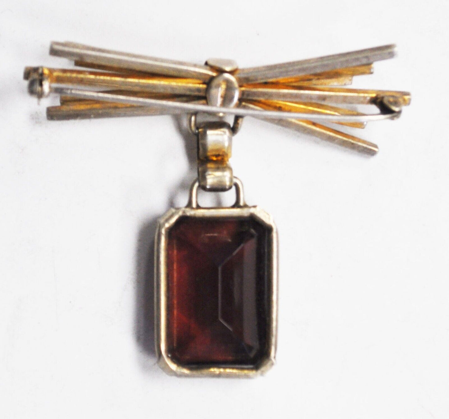 Sterling Silver Bushel 6 Bar Ruby Red Glass Dangle Brooch Pin