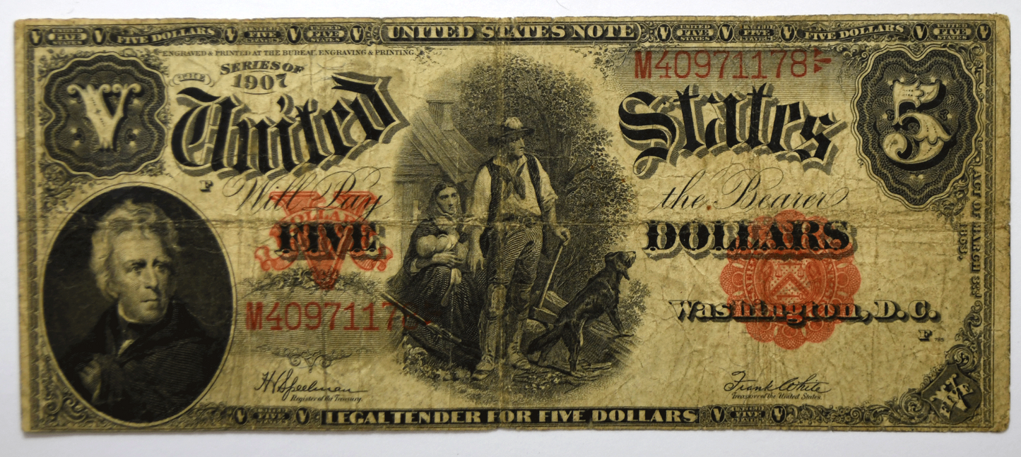 1907 $5 Five Dollars Legal Tender Jefferson Red Seal M40971178 FR#91 Woodchopper