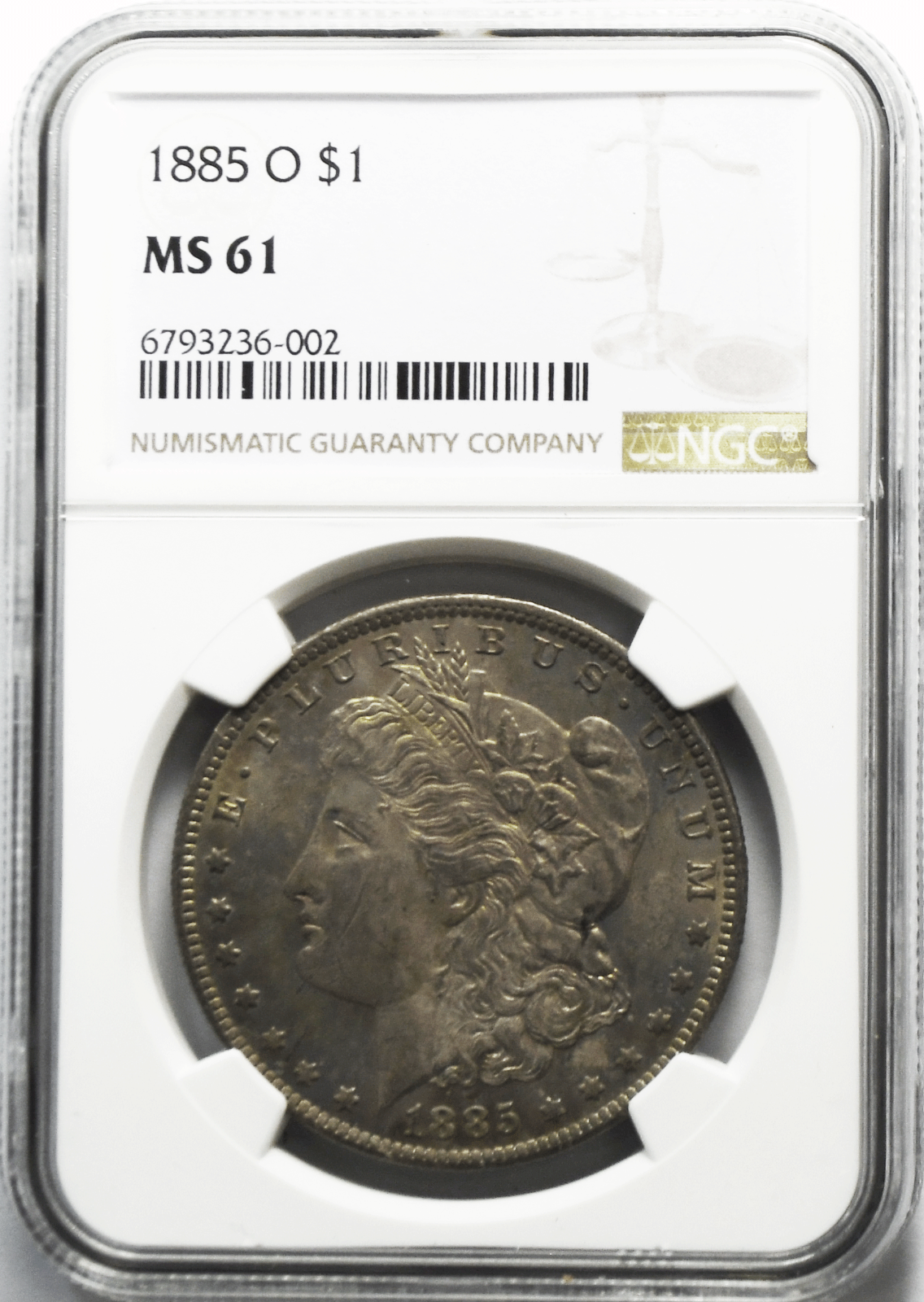 1885 O $1 Morgan Silver Dollar MS61 NGC Uncirculated Rainbow Toned