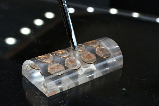 Vintage 1959 Desktop Penny Paperweight Pen Holder in Acrylic 4 1/2"