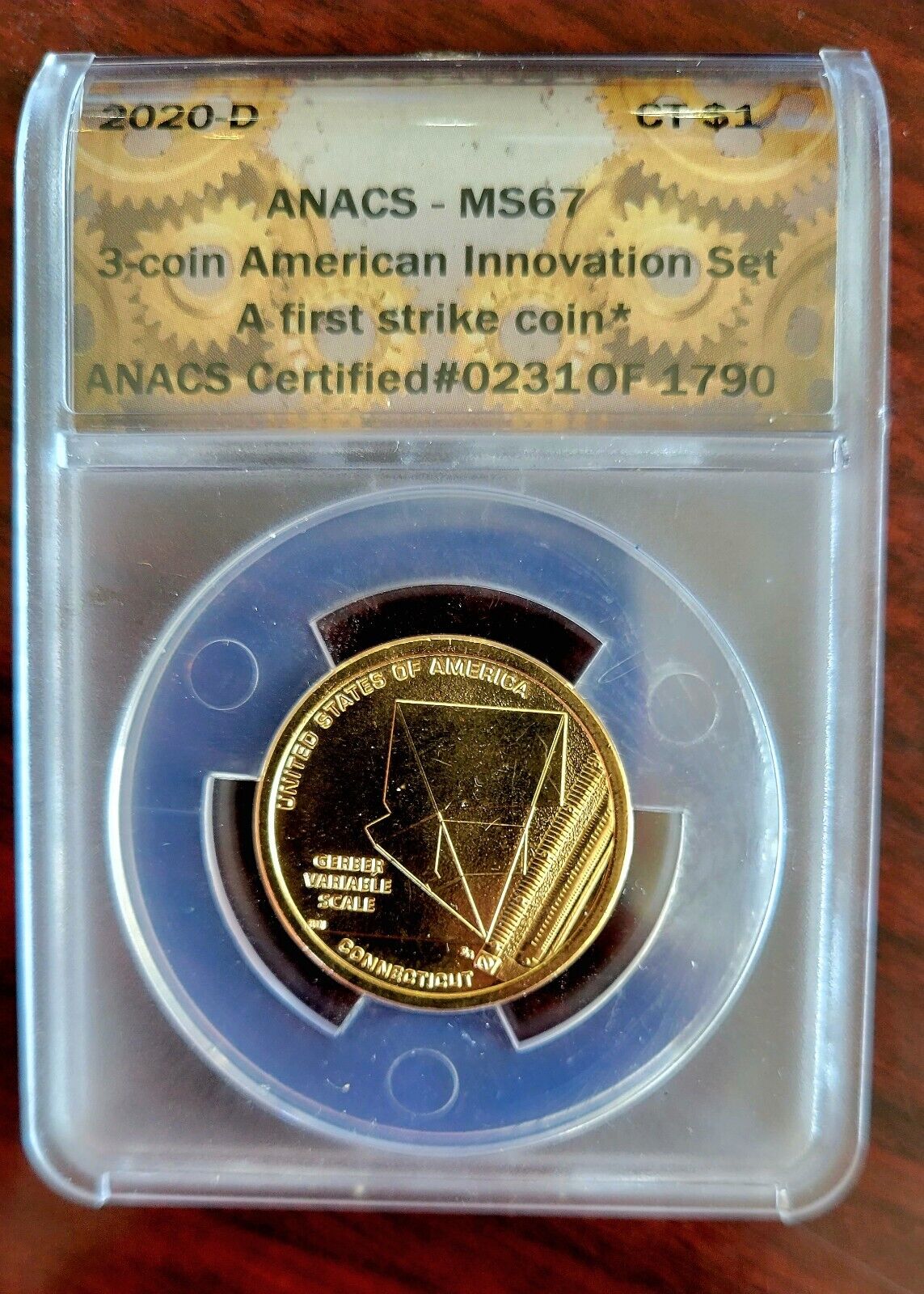 2020 D Innovation Dollar Connecticut Gerber Scale MS67 ANACS First Strike