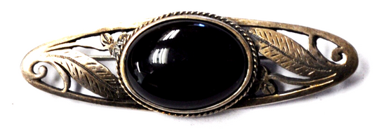 Silver Plated Oval Onyx Filigree Floral Propeller Brooch Pin 68mm x 21mm