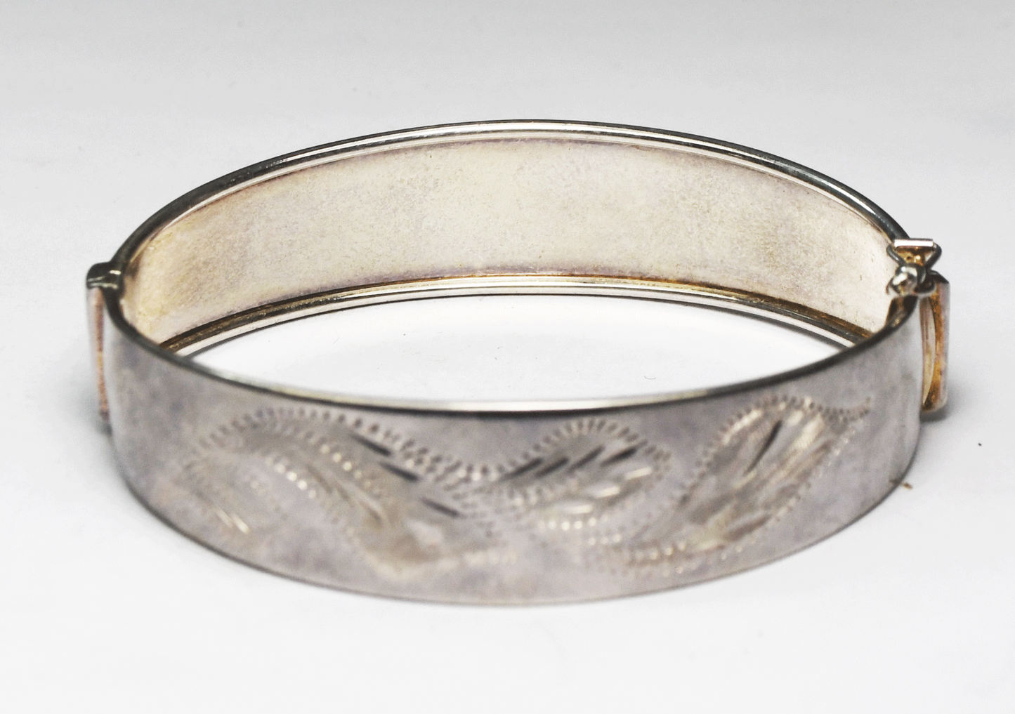 Sterling Silver Etched Leaf Floral Hinged Bangle Bracelet 16mm 7" Wrist 18g