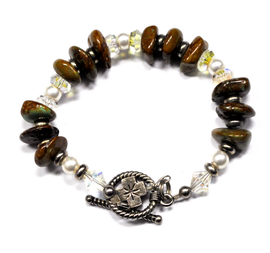 Rainforest Rhyolite Pearl Iridescent Glass Bead Sterling Toggle Bracelet Charm