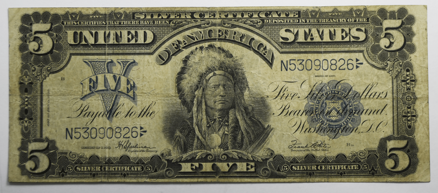 1899 $5 Indian Chief Silver Certificate Large Note Blue Seal N53090826 Fr#281