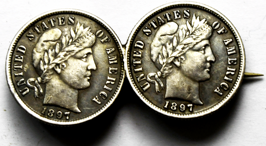 2 1897 10c Seated Liberty Silver Dimes Brooch Pin 36mm