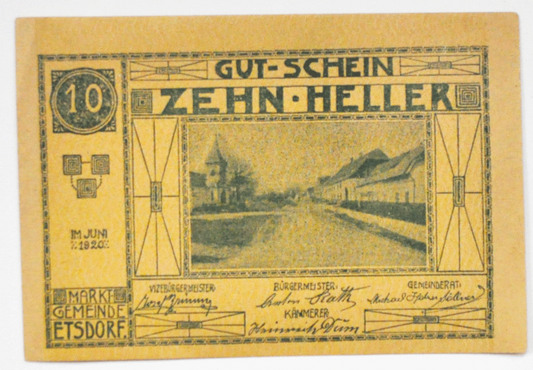 1920 10 Heller Austria Notgeld Banknote Etsdorf