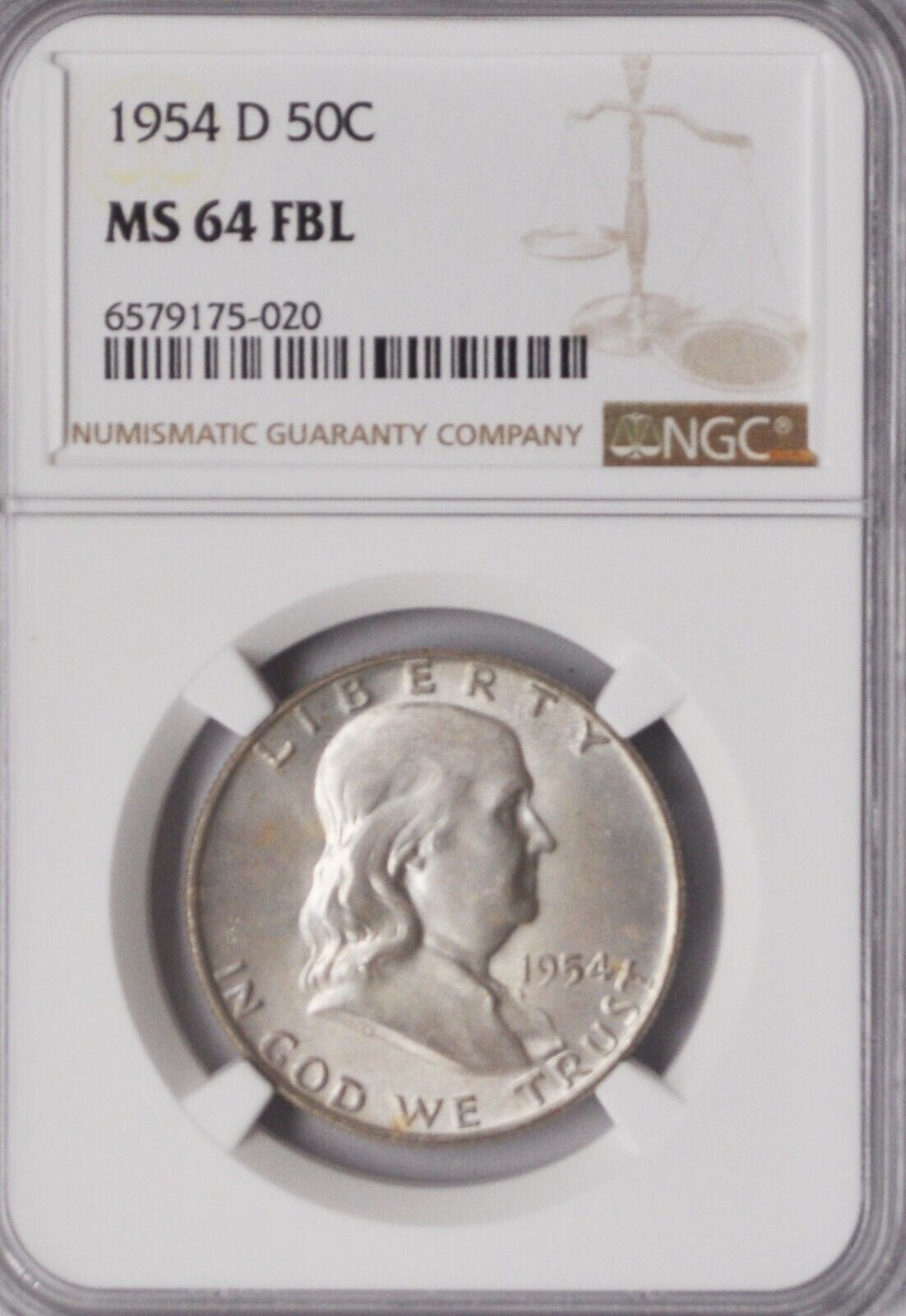 1954 D 50c Franklin Silver Half Dollar Fifty Cents NGC MS64 FBL Denver