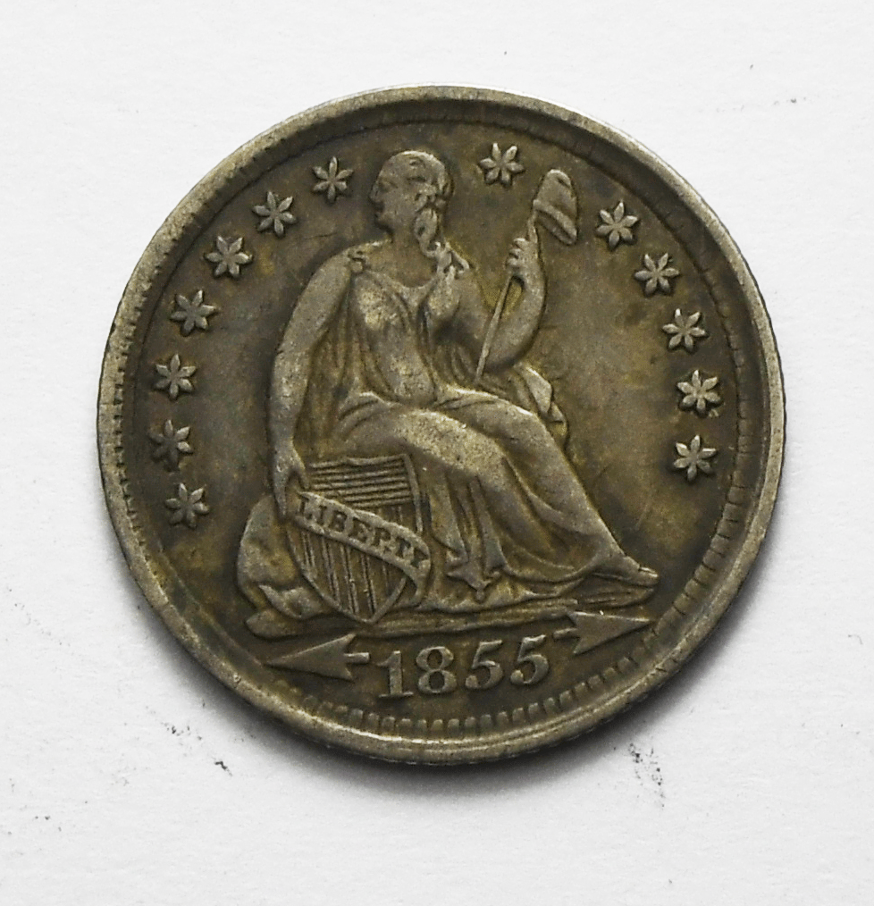 1855 H10c Seated Liberty Silver Half Dime Clashed E Die Crack Reverse