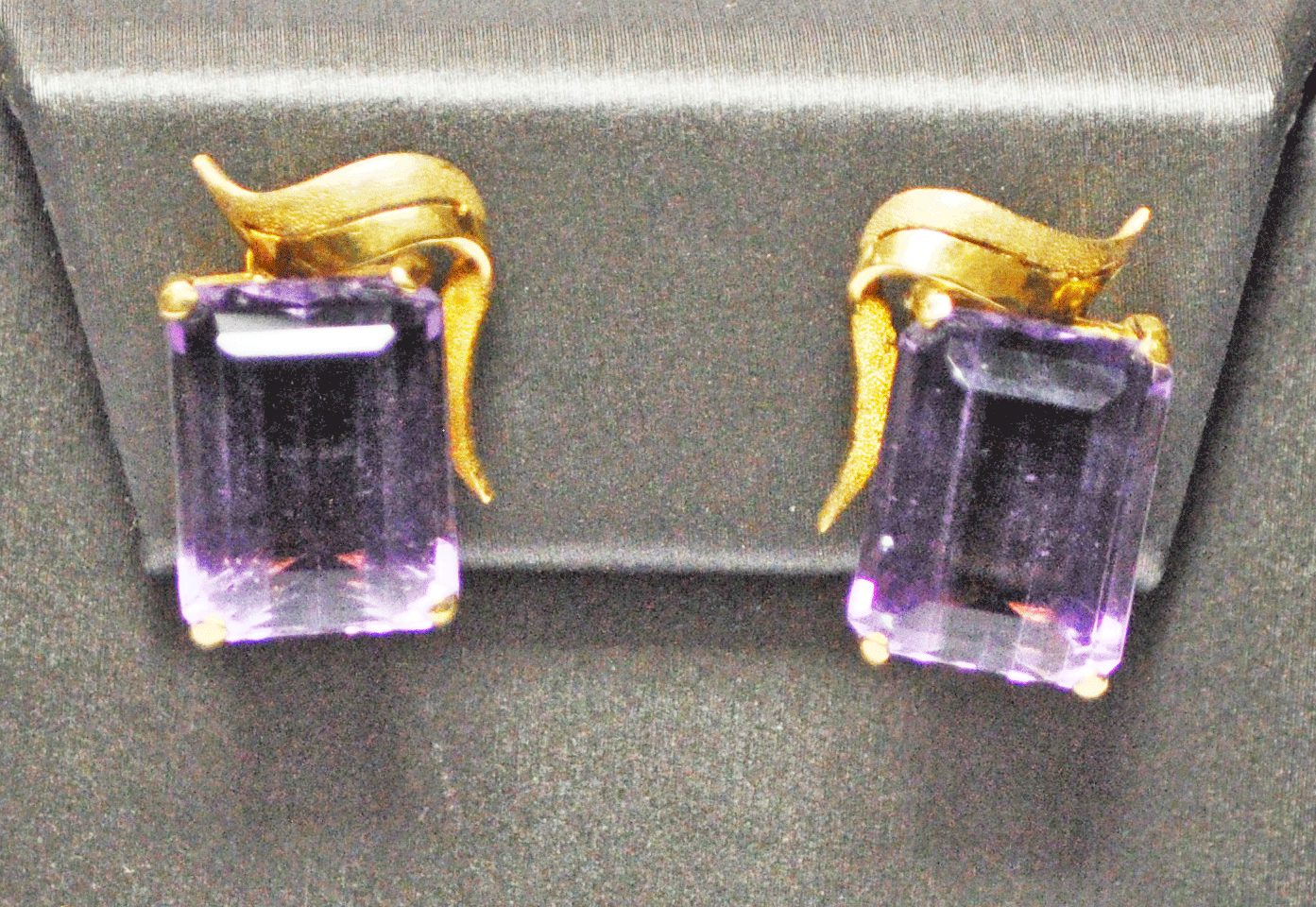 18k Floral 11mm x 14mm Rectangle Amethyst Clip on Omega Earrings 20mm