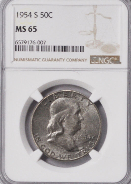 1954 S 50c Franklin Silver Half Dollar NGC MS65 San Francisco Toned Coin