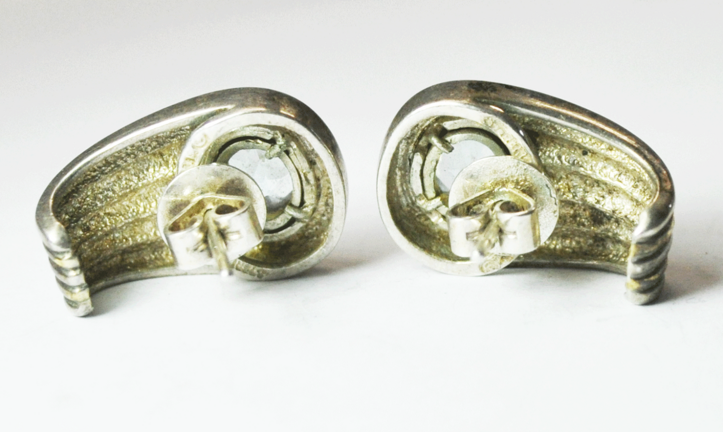 Sterling Silver Signed I.L. Designer Two Tone Topaz Earrings 23mm x 14mm