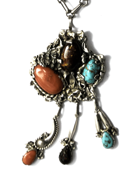 Sterling  Lee & Mary Zuni Coral Turquoise Fire Agate 4.5" Pendant 21" Necklace